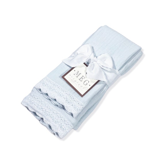 Handsome Baby Boy Burp Cloth Set of 2 { Heirloom Collection } Sky Blue & White + Option to Personalize with Name or Initials Monogram