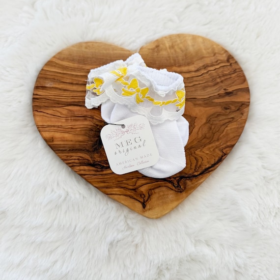 Baby Girl Ruffle Socks { Yellow Bow } Pretty Shower Gift, Feminine Layette Accessories-Choose 0-12/12-24 month