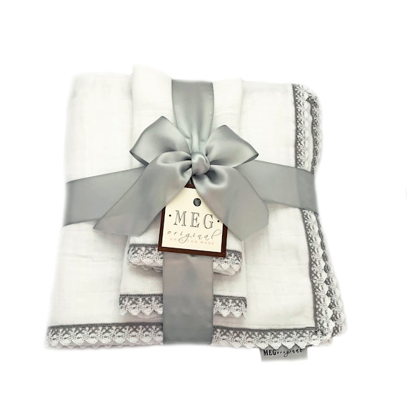 Baby Shower Gift Set { Heirloom Collection } Blanket + Burp Cloths, White with Gray Trim