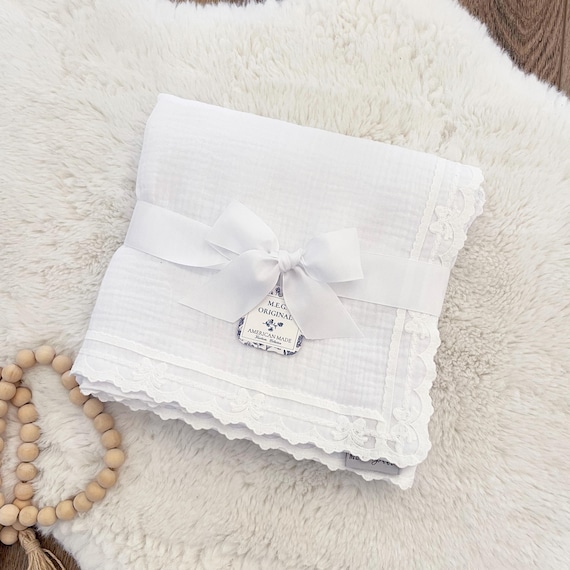 Heirloom Baby Blanket { White + White Bows } Cotton Swaddle Blanket with Delicate Bow Lace Trim Finishing