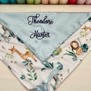 Satin + Minky Baby Security Blanket / Lovey with Loop { Safari Babies } Royal Jungle Animals in Crowns Theme in your Choice of Satin Color