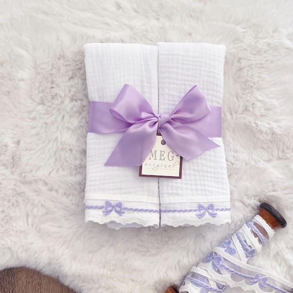 Cotton & Lace Baby Girl Burp Cloth Set of 2 { Heirloom Collection } Lavender Bows + Option to Personalize with Name or Initials Monogram