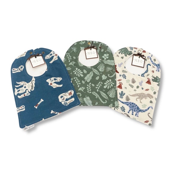 Organic Cotton Baby Boy Bib Set Set of 3 { Dinosaurs } Soft Absorbent Bibs -Blue, Green, Cream Baby Shower Gift + Option to Personalize