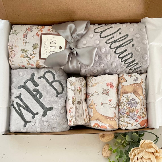 Custom Embroidered Deluxe Boxed Baby Gift Set { Woodland Meadows } Cute Animals in Neutral Tones - Blanket + 2 Burp Cloths + Bib + Lovey
