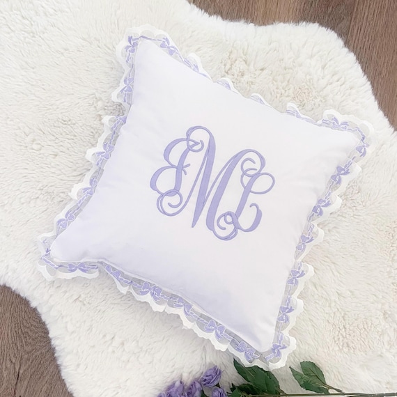Beautiful Personalized Decorative Pillow with Bow Ruffle Trim { Heirloom Collection } Embroidered Name or Initials Monogram- Choose Color