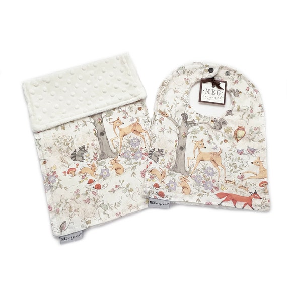 Baby Bib & Burp Cloth Set { Woodland Meadows } Forest Animals on Cream Background