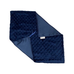 Satin + Minky Baby Boy Security Blanket / Lovey with Loop { Navy Blue Satin } Choice of Minky Dot Color + Option to Personalize with Name