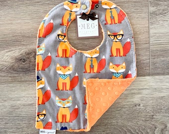 Adjustable Snap Bib { Foxy Nerd } Grows with Baby into a Toddler - Soft & Durable - Fun Cotton Foxes in Ties and Glasses on Orange Minky Dot