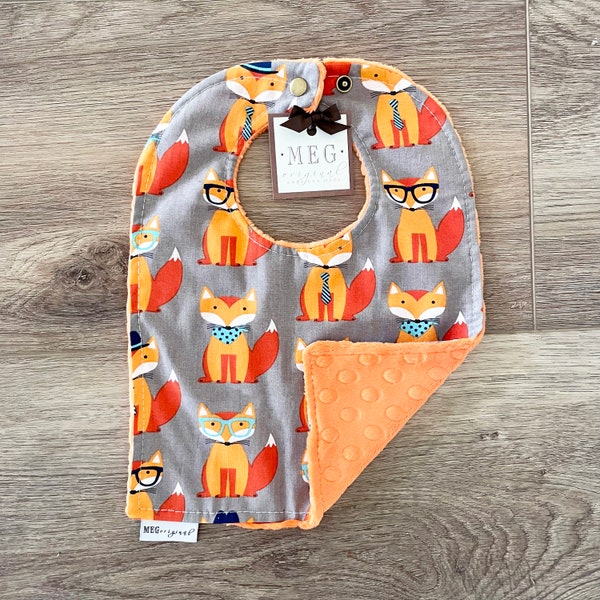 Adjustable Snap Bib { Foxy Nerd } Grows with Baby into a Toddler - Soft & Durable - Fun Cotton Foxes in Ties and Glasses on Orange Minky Dot