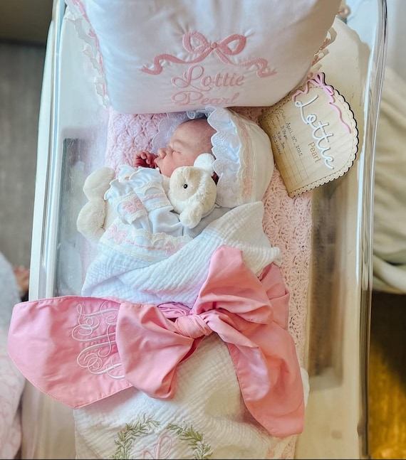 Personalized Baby Girl Deluxe Gift Set-Pink Bows Heirloom Collection-Blanket + Burp Cloth + Bonnet + Bib + Pillow+ Sash + Gown + Satin Lovey
