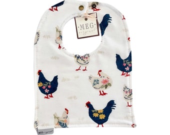 Baby-to-Toddler Adjustable Snap Bib { Happy Hens } Soft & Durable - 100% Cotton - Flowers + Chickens, Thick and Absorbent Bibs for Girls