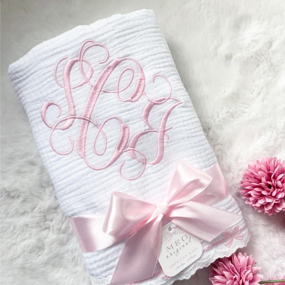 Heirloom Baby Girl Blanket { White & Pink Bows } Cotton Swaddle Blanket with Delicate Pink Bow Trim Finishing