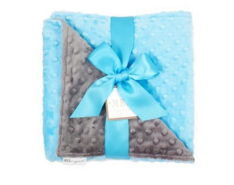 Turquoise & Charcoal Minky Dot Baby Blanket { Shower Gift } Option to Personalize with Name or Initials - Crib, Stroller, Child, Lovey Size