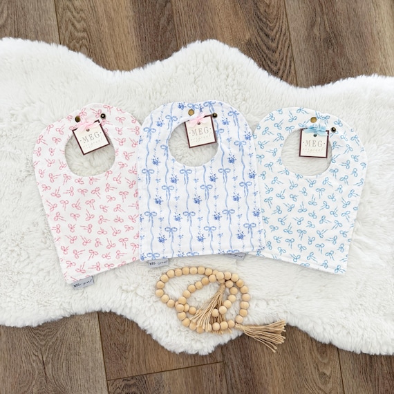 Pink and Blue Bows Bib Set { Baby-to-Toddler Adjustable Snap Bibs } Soft Cotton, Absorbent, & Personalizable