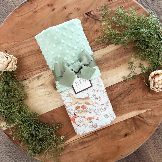 Woodland Meadows Baby Blanket – Forest Animals with Minky Dot, Customizable Name or Initials