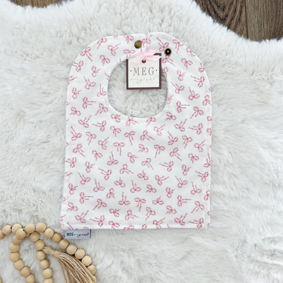 Pink Bows Bib { Baby-to-Toddler Adjustable Snap Bibs } Soft Cotton, Absorbent, & Personalizable