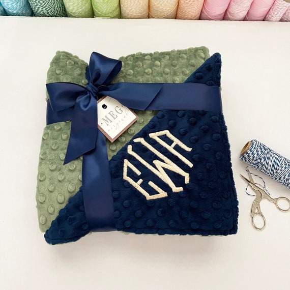 Personalized Minky Dot Baby Boy Blanket { Navy Blue + Dark Sage Green } Soft Blanket with Name / Initials - Choose Size - Baby Shower Gift