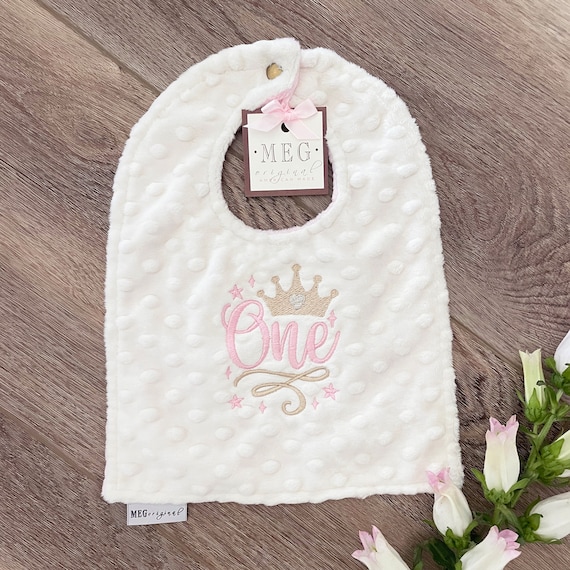 First Birthday Snap Bib for Little Girls with Crown, Heart, and Stars { One } Absorbent and Soft -Pretty Embroidery - 1st Cake Smash/Photo