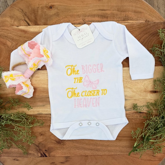 The BIGGER the Bow, the Closer to Heaven { Newborn Baby Girl Bodysuit & Lace Bow Set } Popular Shower Gift, Gender Reveal Gift