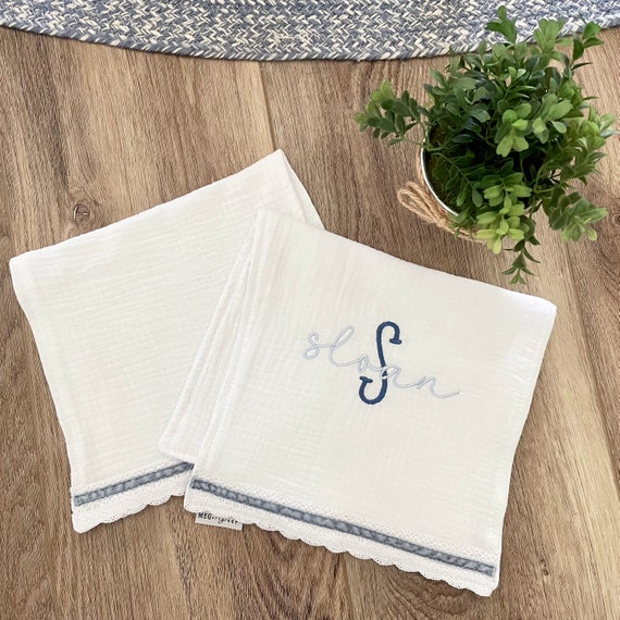 Handsome Baby Boy Burp Cloth Set of 2 { Heirloom Collection } Blue & White + Option to Personalize with Name or Initials Monogram