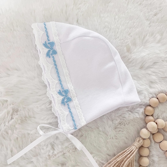 White Baby Bonnet with Blue Bow Lace Trim, 0-6 months Adjustable Tie Cap/Hat - Newborn Infant Photography/Photo Prop, Made & Ready to Ship