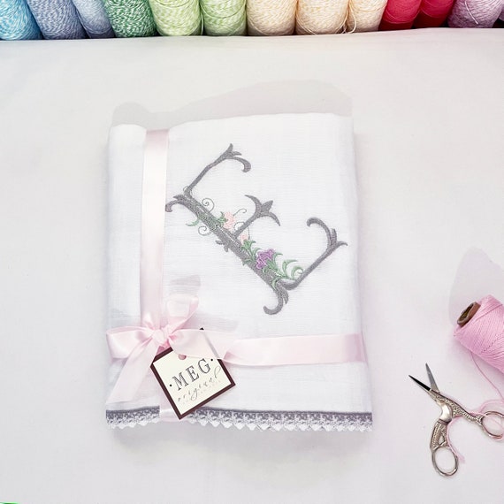 Beautiful Embellished 4 Color Floral Letter Baby Blanket { Heirloom Collection } White Cotton Gauze + Gray Trim - Great baby Shower Gift