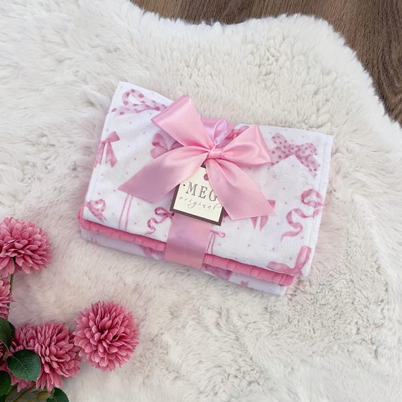 Pink Bow Theme Baby Girl Burp Cloth Set of 3 in Pink & White, Burping Cloths + Option to Personalize with Name or Initials Monogram