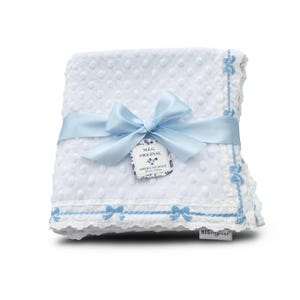 White Heirloom Minky Dot Baby Blanket Gift with White & Blue Bow Lace Trim Finishing + Option to Personalize w/ Embroidered Name or Initials
