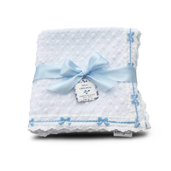 White Heirloom Minky Dot Baby Blanket Gift with White & Blue Bow Lace Trim Finishing + Option to Personalize w/ Embroidered Name or Initials