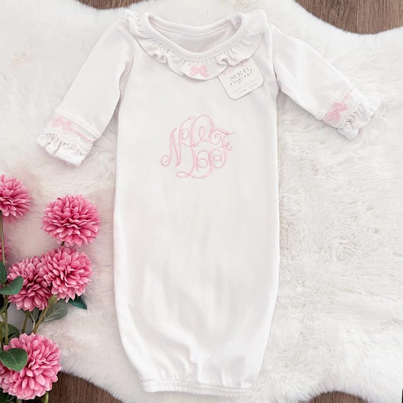 Beautiful Custom Newborn Baby Girl Flutter Sleeve Gown { Pink Bows } Personalized with Embroidered Monogram Initials, Popular Shower Gift