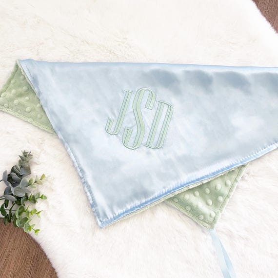 Satin + Minky Baby Boy Security Blanket / Lovey with Loop { Blue Satin } Your Choice of Minky Dot Color, Best Embroidered Shower Gift