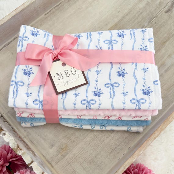 Baby Girl Burp Cloth Set of 5 { Pink & Blue Bows } Option to Personalize