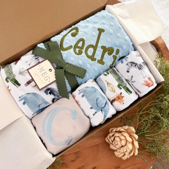 Deluxe Personalized Baby Gift Set – Minky Blanket, Burp Cloths, Bib, Lovey, Jungle Parade Theme