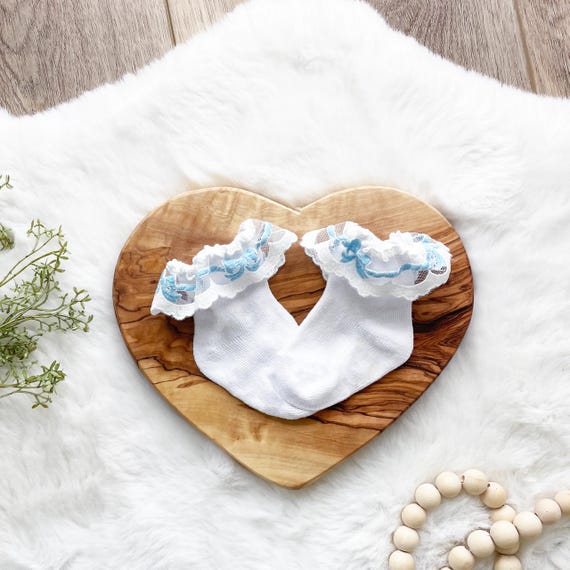 Beautiful Newborn Baby Girl Ruffle Socks { Blue Bow } Pretty Shower Gift, Feminine Layette Accessories - Choose Size 0-12 or 12-24 month