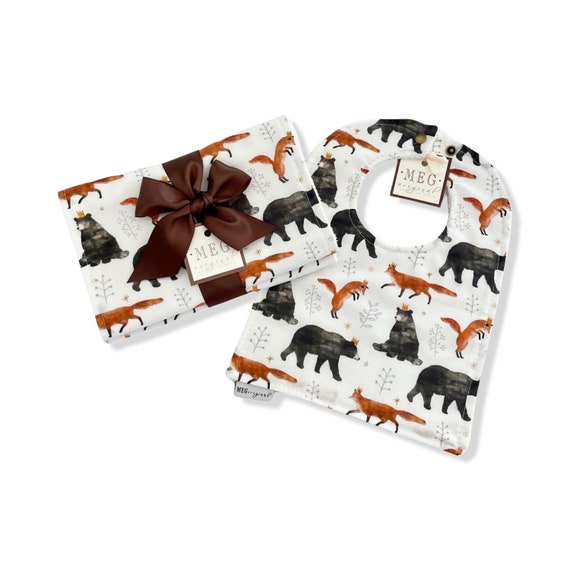 Baby Bib & Burp Cloth Gift Set { The Fox and The Bear } Soft Baby Animals in Crowns Print, Absorbent Burping Cloths + Adjustable Snap Bib