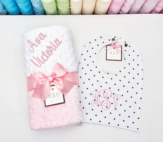 Personalized Pink & White Minky Dot Baby Girl Blanket and Bib Set with Name and/or Initials Monogram, Beautiful Embroidered Baby Shower Gift