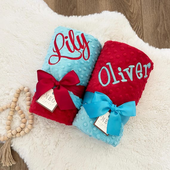 Turquoise & Red Minky Dot Baby Blanket { Shower Gift } Option to Personalize with Name or Initials - Crib, Stroller, Child, or Lovey Size