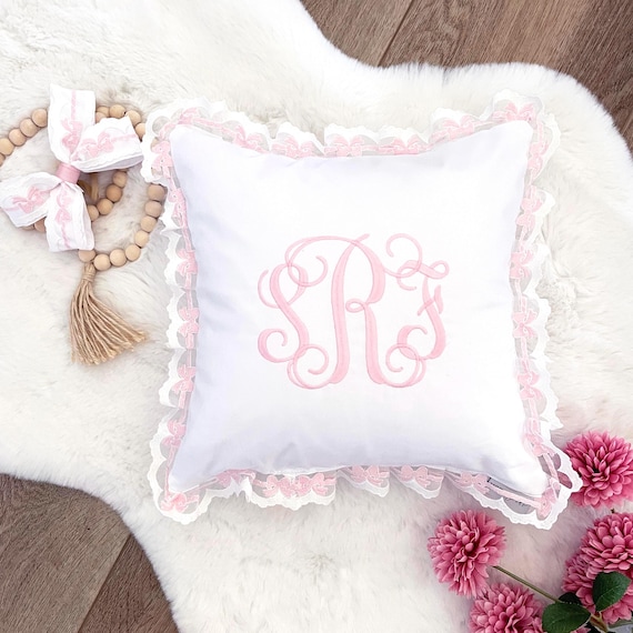 Beautiful Personalized Baby Girl Decorative Pillow with Pink Bow Ruffle Trim { Heirloom Collection } Embroidered Name or Initials Monogram