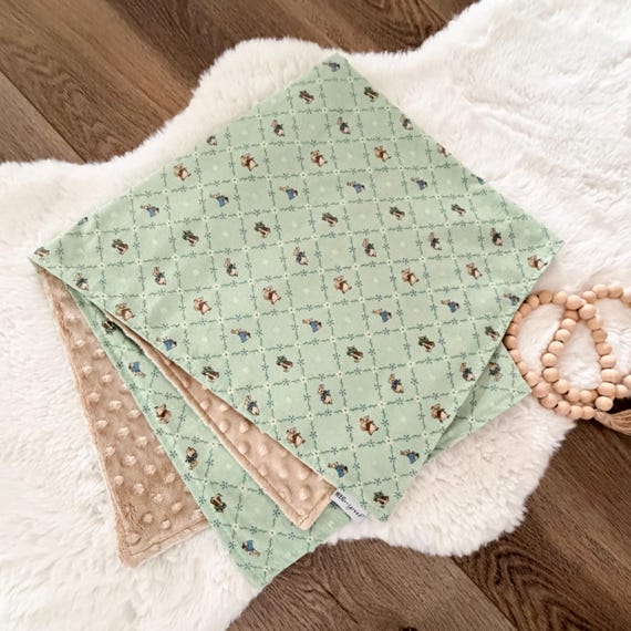 Peter Rabbit Baby Blanket, Beatrix Potter Theme, Personalized Name Monogram (Green)
