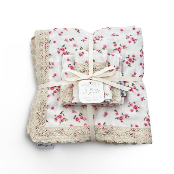 Pink Floral Baby Shower Gift Set { Heirloom Collection } Blanket, Burp Cloth + Bib, Made and Ready for Same Day Shipping