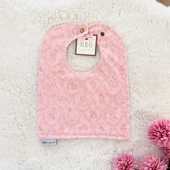 Peter Rabbit Baby Bib – Pink Toile, Adjustable Cotton Snap Bib