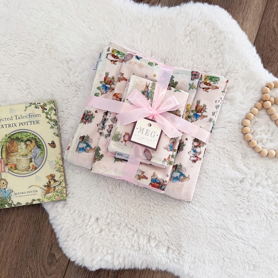 Baby Shower Gift Set { Pink Peter Rabbit & Friends } Blanket + Burp Cloths with option to Personalize with Name or Initials Monogram