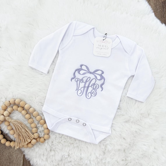 Personalized Baby Girl Onesie, Lavender Bow Monogram, Newborn Shower Gift