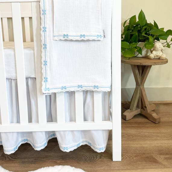 Custom Heirloom Baby Bedding Set for Boys or Girls { White & Blue Bows } Cotton Swaddle / Crib Blanket, Crib Skirt, Name Pillow, Burp Cloth