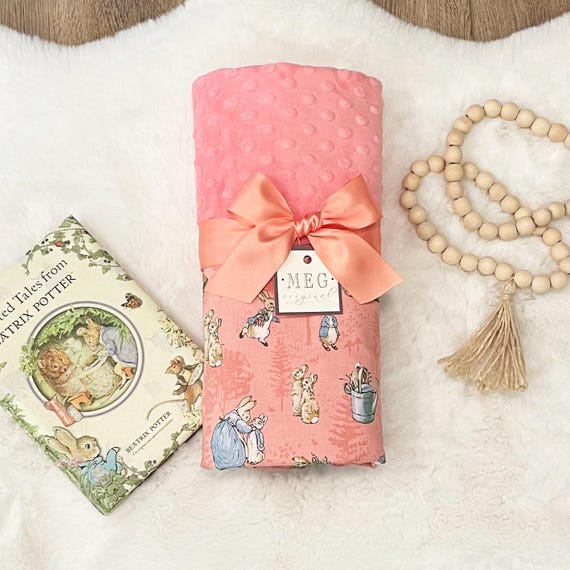 Peter Rabbit Baby Blanket / Beatrix Potter Theme - Coral Pink Baby Girl Girl Shower Gift + Option to Personalize with Name, Cotton & Minky