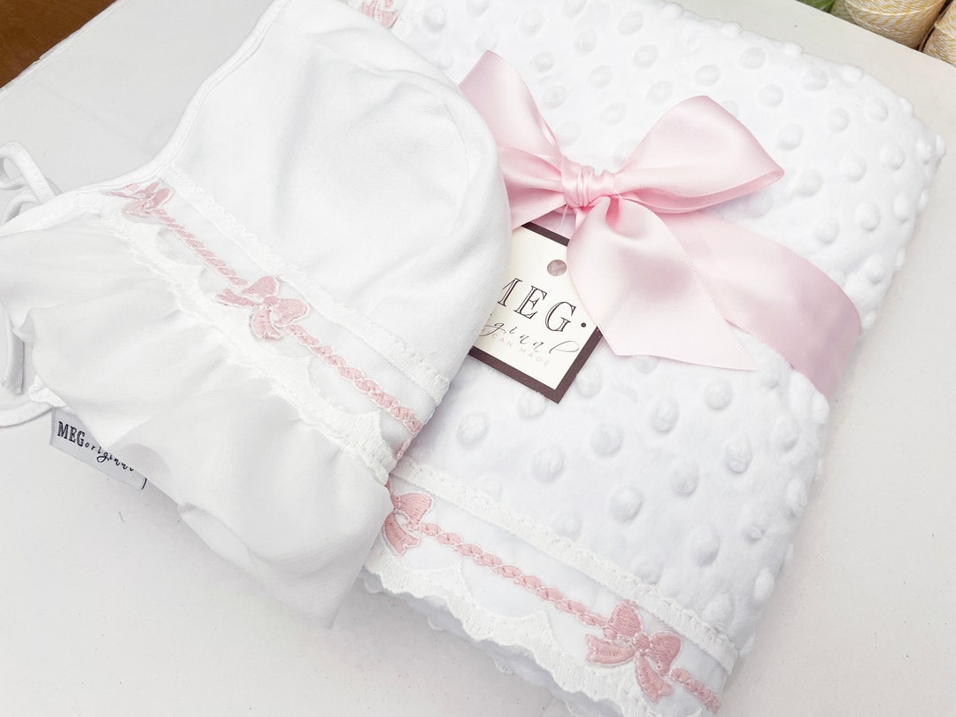 Baby Girl Gift Set Minky Blanket Bonnet White & Pink With Delicate Pink ...