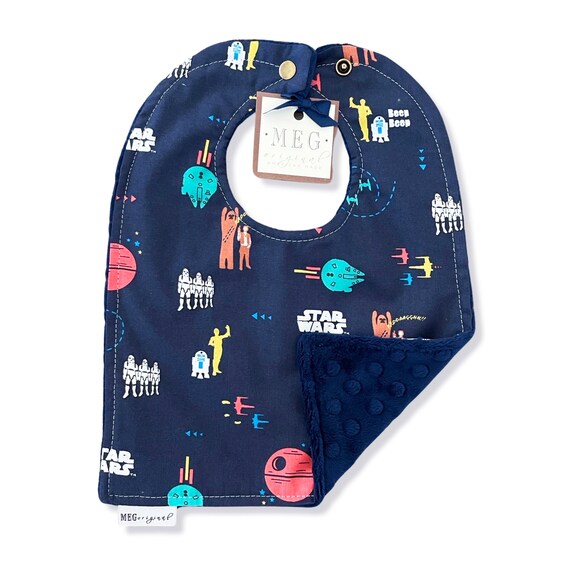 Baby-to-Toddler Boy Adjustable Snap Bib { Star Wars Theme } Storm Troopers, C3PO, R2D2, Chewbacca in Navy Blue, Fun Shower Gift