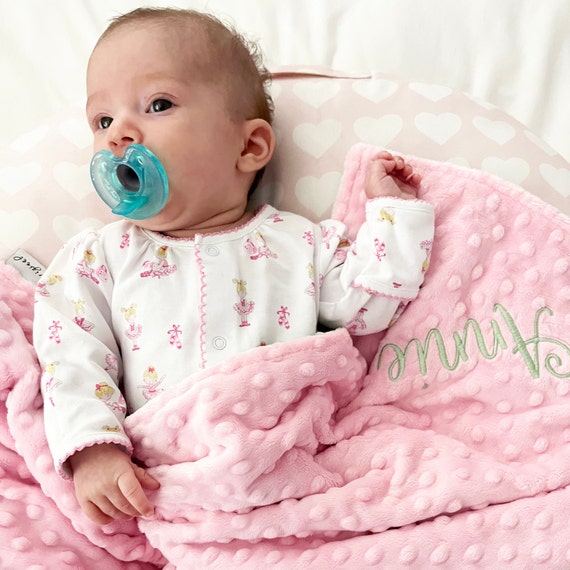 Pink & Green Minky Dot Baby Girl Blanket { Shower Gift } Option to Personalize with Name or Initials Monogram, Security- Crib- Stroller Size
