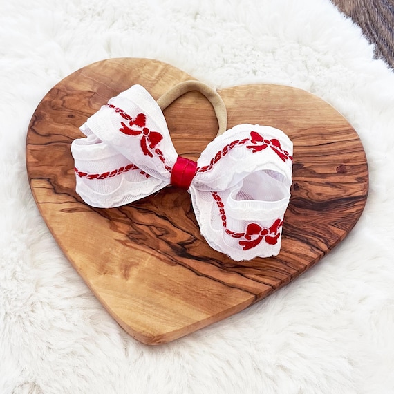 Red & White Lace Bows Baby/Toddler/Little Girl Hair Bow on Super Soft Headband { Heirloom Collection } Popular Christmas / Holiday Gift