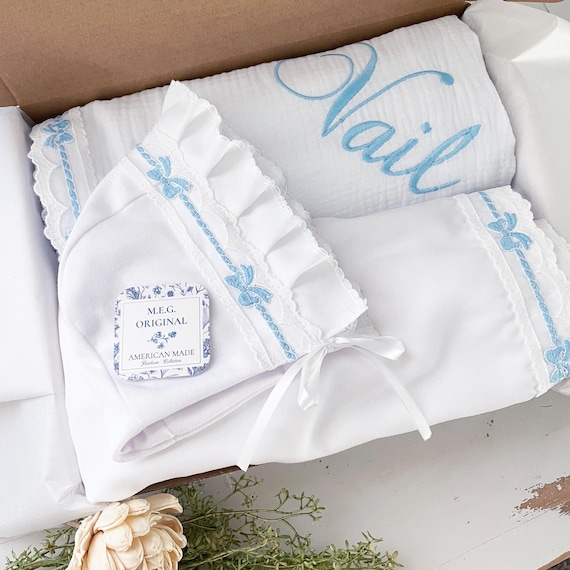 Personalized Baby Deluxe Boxed Gift Set { Blue Bows Heirloom Collection } Choose from Blanket, Crib Skirt, Bib, Burp Cloths, Lovey, Bonnet